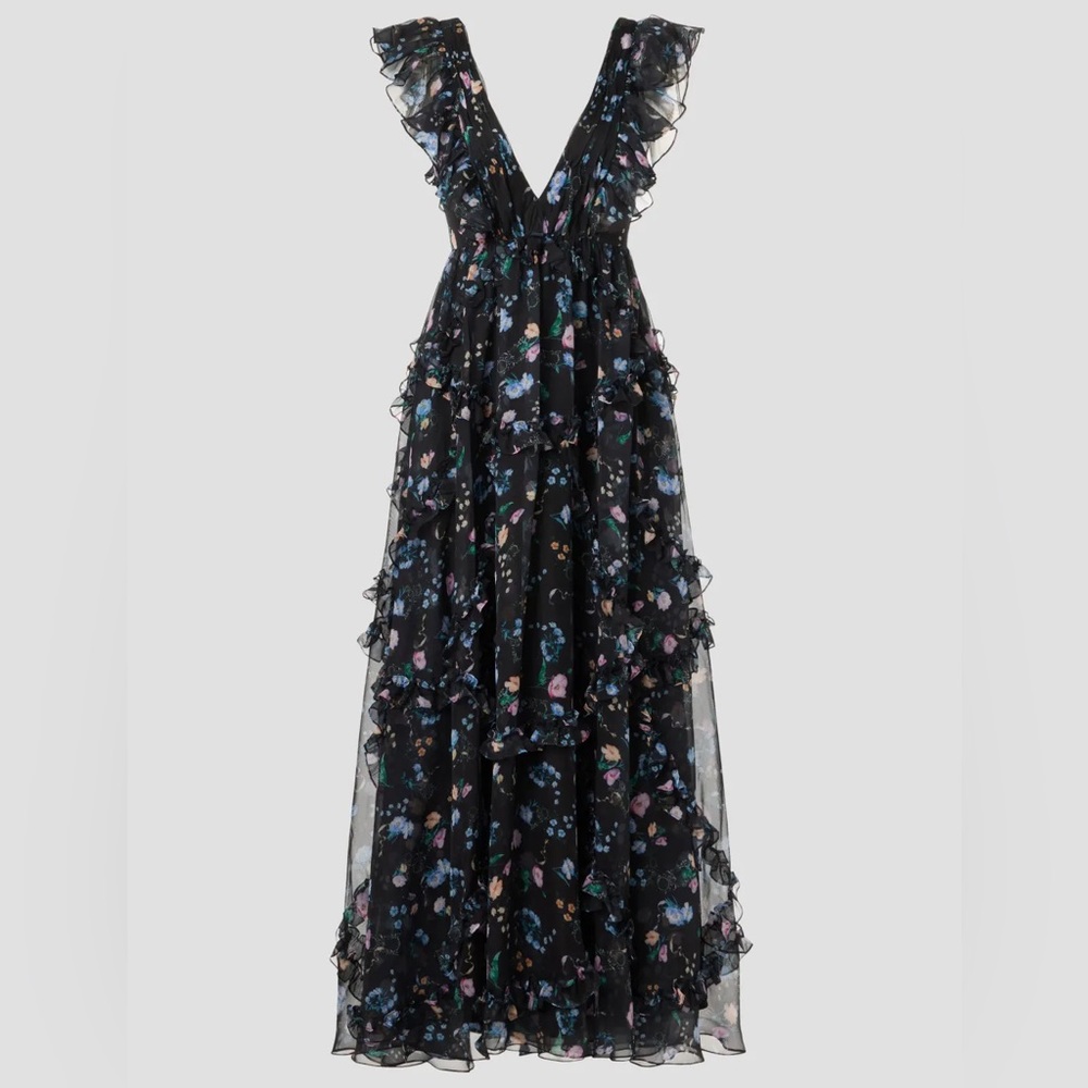 Ieena for Mac Duggal Ruffled Floral Gown Maxi Dress